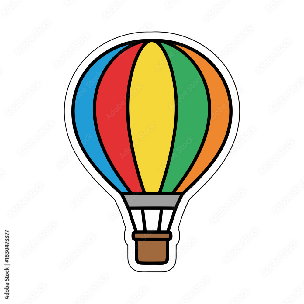 Fototapeta premium Colorful Hot Air Balloon With Basket For Transportation And Travel Adventures With Rainbow Stripes And Clear Sky Background