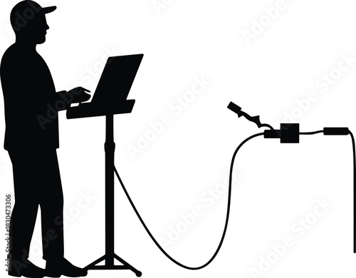Laptop operator silhouette, technical setup, cable connection to device, black graphic illustration, data acquisition scene, electronics, research, remote control concept