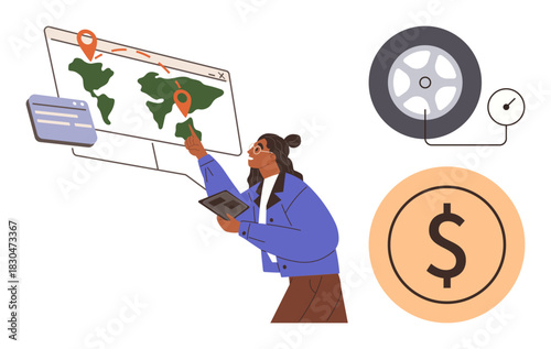 Person analyzing location data on a global map, with tire pressure monitoring and cost symbol nearby. Ideal for logistics, fleet management, travel, transportation, finances, planning, efficiency