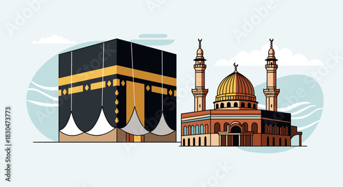 Flat design illustration showcasing the revered Kaaba and a majestic mosque