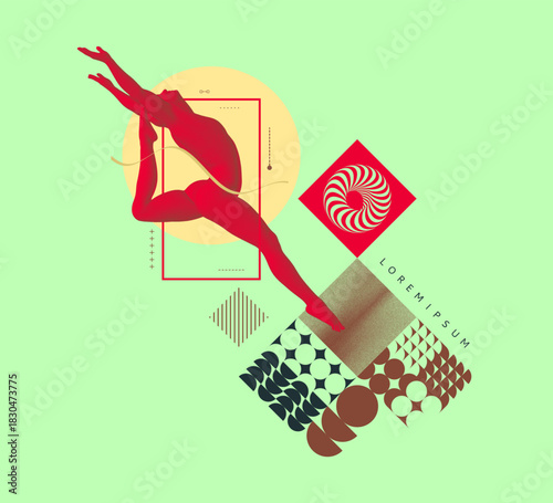 Gymnastics activities for fitness community. Design for sport. Stipple effect. Art composition. Abstract geometrical background. Vector for brochure, poster, card, poster, presentation, flyer, banner.