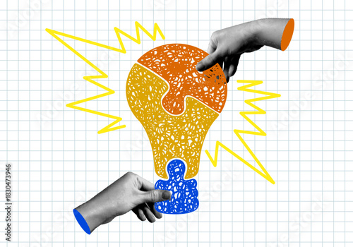 Concepts of innovation, invention, knowledge, learning. Halftone hands connect light bulb shaped puzzle. Scientific discoveries. Modern collage. Creative thinking, start up, new ideas