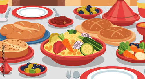 Traditional Moroccan Dinner Spread Featuring Couscous Olives and Flatbread