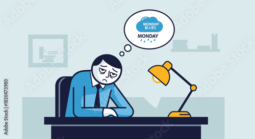 A tired man suffers from the Monday blues at his desk