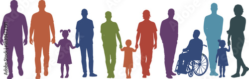 Inclusive community silhouettes, diverse people illustration, wheelchair user, family unity, colorful figures, accessibility concept, multigenerational group, equality, support, harmony