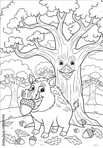 A wild boar eats acorns under an anthropomorphic oak tree. coloring book