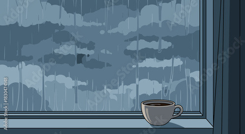 A Cozy Rainy Day Scene Through a Window with a Warm Drink