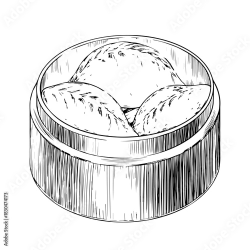 Sketch style pyanse, in bamboo steamer. Traditional Korean food. Black and white illustration of Korean steamed pie with meat. Asian buns pigodi