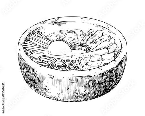 Korean food. Sketch style bowl of bibimbap. Black and white illustration of a traditional Korean dish. Bowl with egg, avocado, paprika, carrot, cucumber, beef, noodles