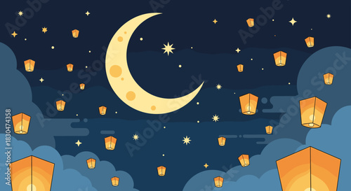 Floating Lanterns Illuminate the Serene Night Sky Under a Crescent Moon