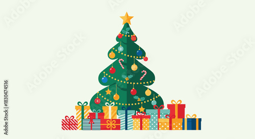 Flat design illustration of a vibrant Christmas tree and stacked presents