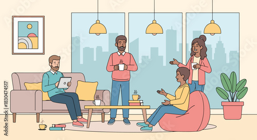 Diverse individuals interacting socially in a vibrant and comfortable setting