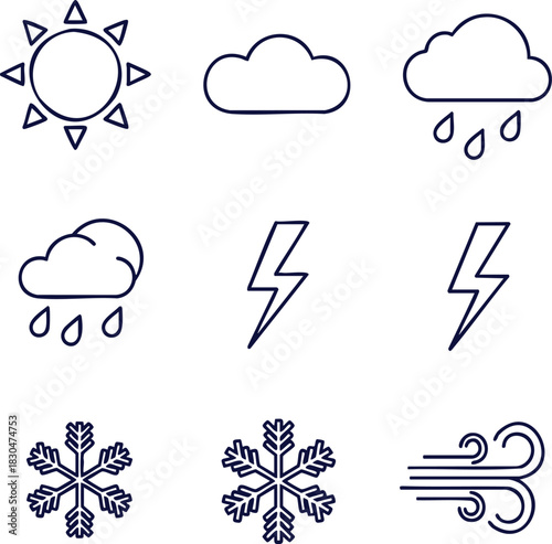 Weather icons set, from sunny days to thunderstorms and snow, perfect for weather apps, forecasts, and educational materials