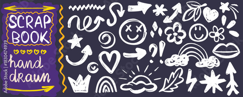 Hand drawn doodle set of simple kids illustrations. Simple scribbled chalk icons. Graphic elements for notes, diary and collage. Vector, sketch