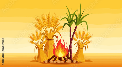 Vibrant Harvest Festival Scene Featuring a Bonfire and Rich Crops
