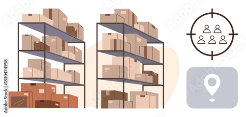 Stacked warehouse racks filled with boxes display storage and inventory management. Location pin and customer targeting graphics highlight distribution, supply chain, delivery logistics, and customer