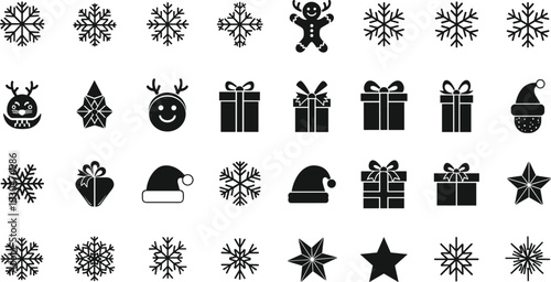 Black and white Christmas icons collection with snowflakes, Santa hats, gifts, stars, reindeer, and gingerbread man vector design