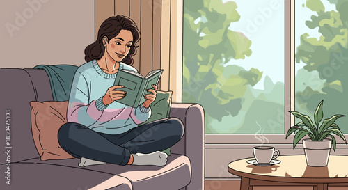 Young woman relaxing and reading a book on a comfortable sofa at home