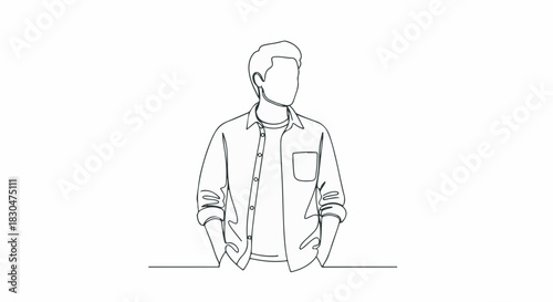 Simple continuous line drawing of a young casual man standing isolated on white background.
