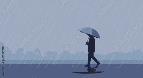 A lone individual walks through a serene downpour holding an umbrella