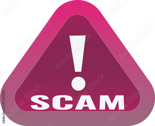 Illustration of pink scam alert sign with exclamation mark