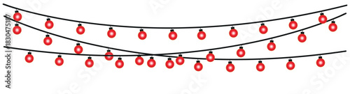Three strands of red christmas lights hanging with black cords on a white background illustration , glowing holiday lights garland bulbs, twinkling fairy lights glow
