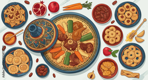 Beautifully Arranged Moroccan Traditional Meal with Tagine Couscous and Sweets