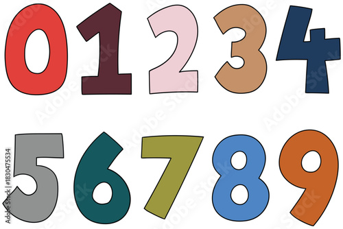 Hand-drawn cartoon set of colored numbers on a white background.