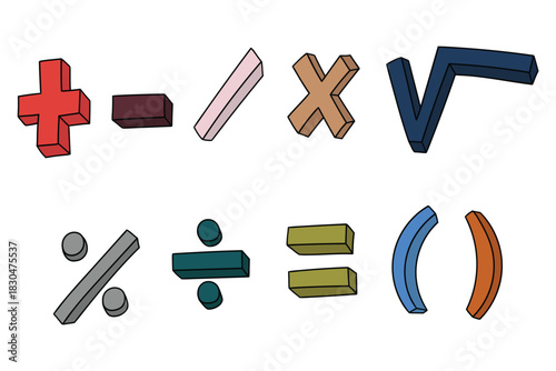 Hand-drawn cartoon set of colored mathematical symbols on a white background.