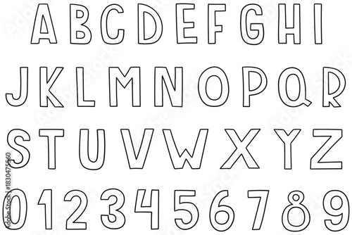 Hand-drawn doodle set of English letters, alphabet, and numbers on a white background.