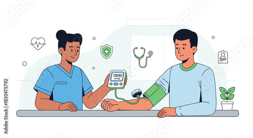 Healthcare Professional Measures Patient Blood Pressure During Routine Medical Check-up