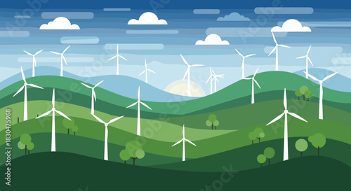 Green Landscape with Wind Turbines Harnessing Power from the Wind