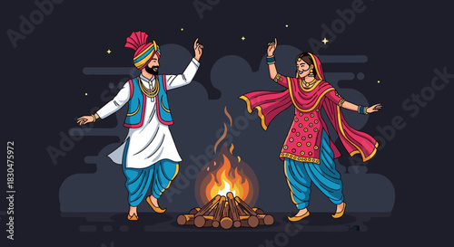 Joyful Punjabi Folk Dancers Celebrate Winter Festival Around Crackling Bonfire