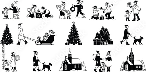 Christmas family silhouettes decorating tree, exchanging gifts, sledding, walking dog, and visiting church, festive winter holiday black vector illustration