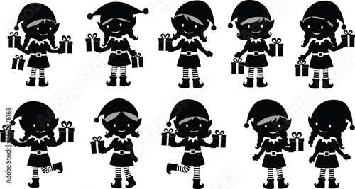 Christmas elves holding gift boxes in festive outfits, cute holiday helper silhouettes, winter celebration black vector illustration design