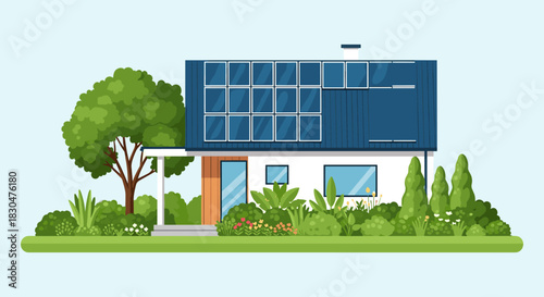 Modern Sustainable Home Featuring Rooftop Solar Panels and Lush Green Garden