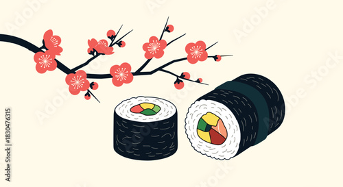 Stylized illustration of two sushi rolls with colorful fillings next to a blooming cherry blossom branch, representing Asian culture and springtime.