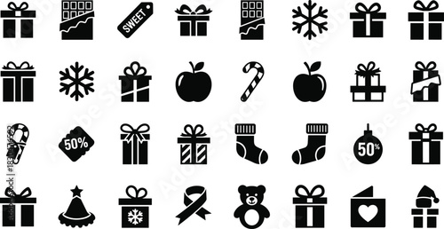 Christmas icon collection with gifts, chocolate bars, candy canes, snowflakes, stockings, teddy bear, ornaments, and festive sale tags