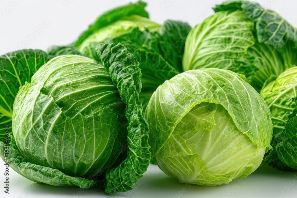 Fototapeta premium Close-up of vibrant green cabbage heads with crisp leaves on a white backdrop