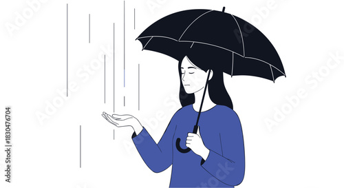 A woman shelters under an umbrella while gently reaching out to the falling rain, a scene of quiet contemplation and melancholy.