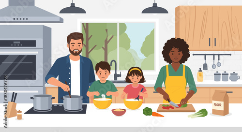 Happy family cooking a delicious meal together in their modern kitchen