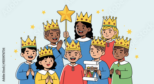 Joyful diverse children dressed as kings celebrating with a star