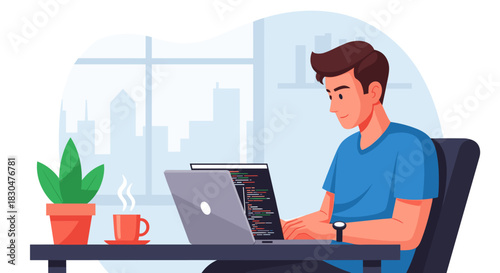 Productive programmer focused on software development working remotely at his desk