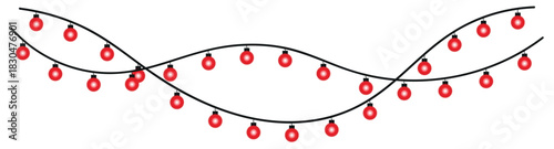 A festive arrangement of two strings of red christmas lights on a white background in a wavy pattern , glowing holiday lights garland bulbs, twinkling fairy lights glow