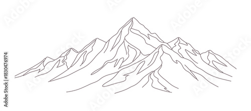 An uninterrupted line illustration of a mountain range silhouette. The web banner features the mountain ridges in a minimalist linear style. It's an isolated concept for winter sports adventures.
