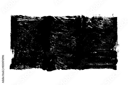 Black roller texture isolated on white background. Ink linocut. Black Friday sale banner background. Grunge brush stroke. Hand-drawn artistic element with textured edges. Vector illustration, EPS 10.