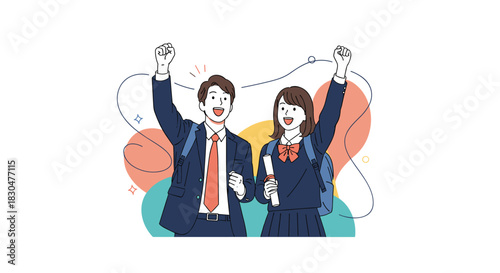 Jubilant young students celebrating academic achievement, with a boy in a suit and a girl holding a diploma, raising fists in triumph.