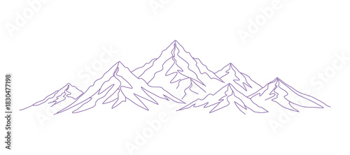 A single, flowing line drawing of a mountain range silhouette. A web banner featuring the ridge of mountains in a straightforward linear design. An isolated concept for winter sports adventures.