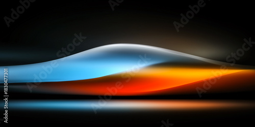 Abstract wave-like gradient artwork with vivid blue-orange tones, reflective surface, and dramatic lighting. Ideal for tech branding, digital ads, and futuristic design themes.
