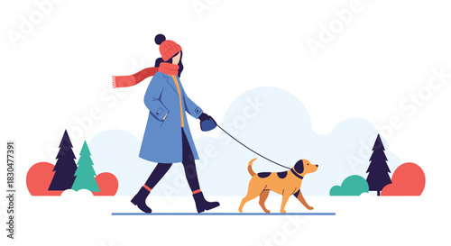 A woman in a blue coat, red hat, and scarf walks her orange dog on a leash through a serene winter park landscape.